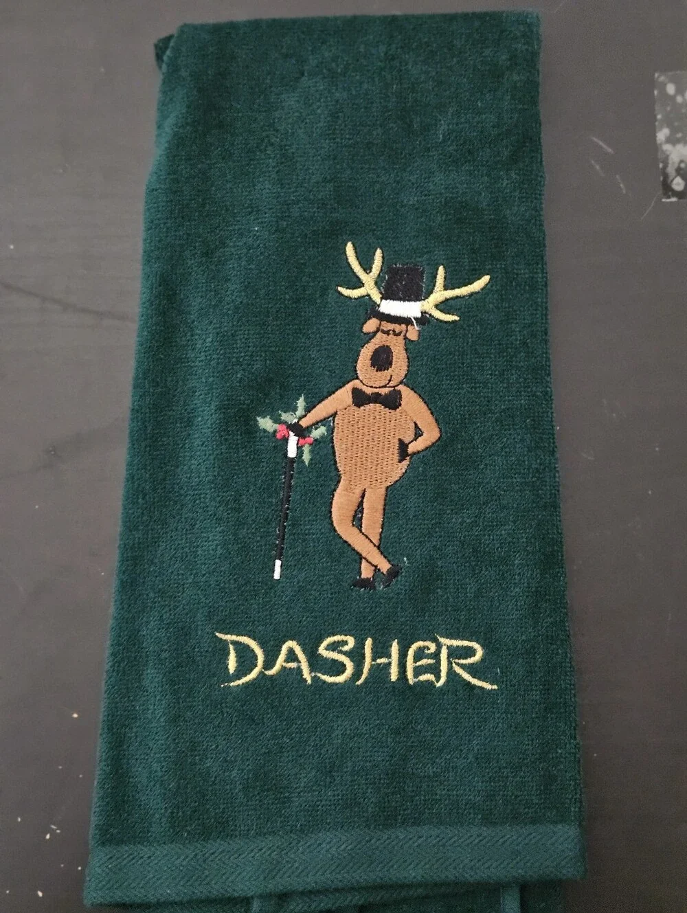 Embroidered Reindeer Holiday Kitchen Towels - Dark Green